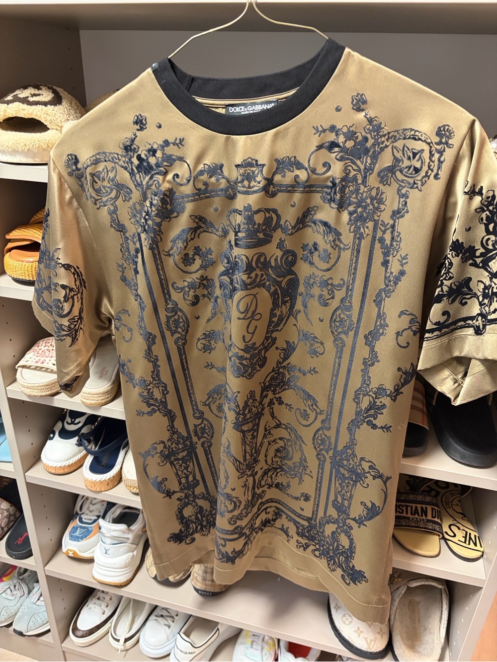 Dolce & Gabbana Gold Short-Sleeve Shirt with Navy Ornamental Print